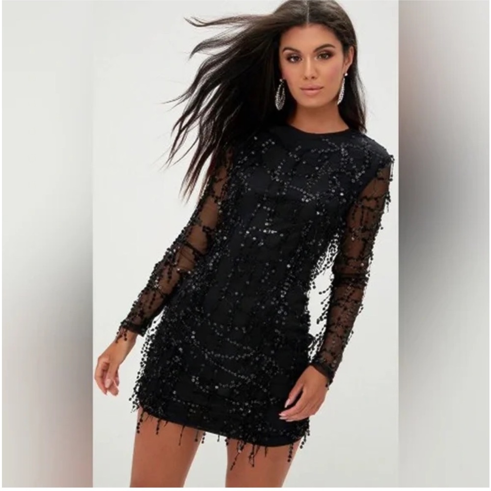 Black Sequin Long Sleeve Dress